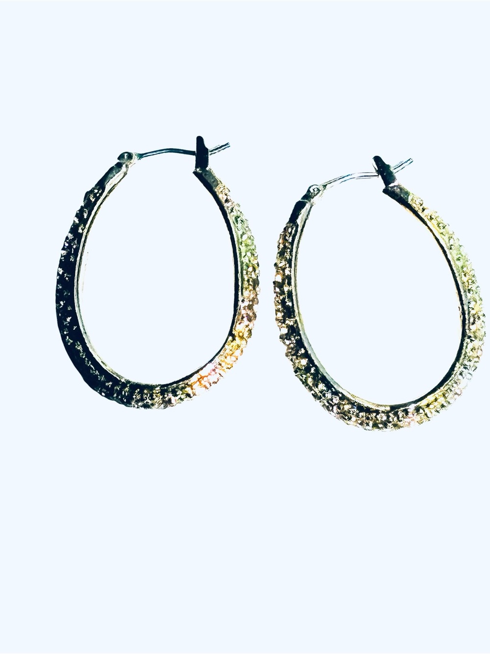 Monet Vintage Signed 1970s Gold Tone Crystal Pave Hoop Earrings Oval Medium
